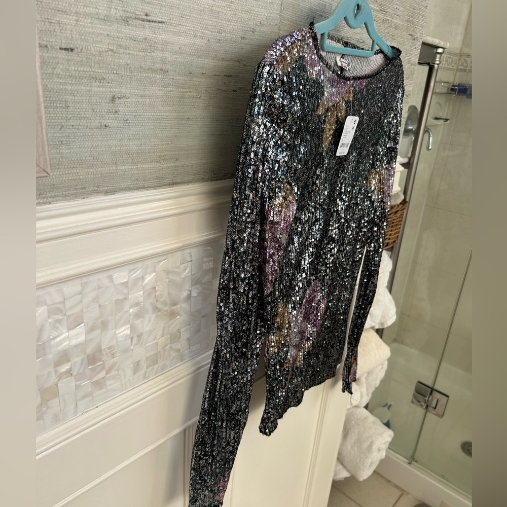 NWT new XS free people Gold Rush Floral Sequin Long Sleeve Top black purple - Picture 6 of 15